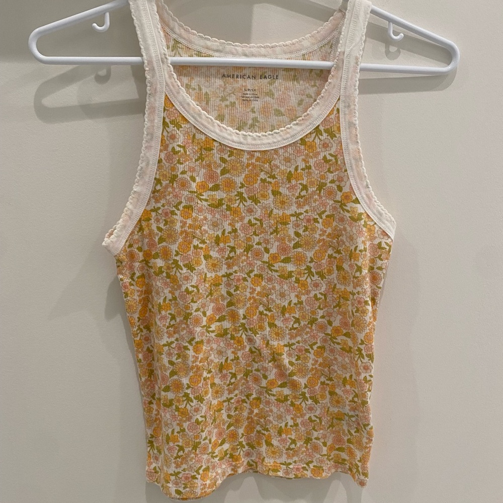AMERICAN EAGLE - Floral Ribbed Tank Top - Cream, Orange, Pink and Green